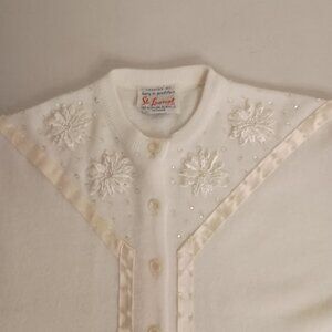 Ste Laurent Vintage White Embellished Crop 3/4 Sleeve Cardigan Sweater Women’s